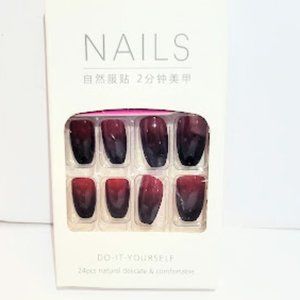 Set/ 24 Wine Red & Black Glossy Full Cover Square Nails